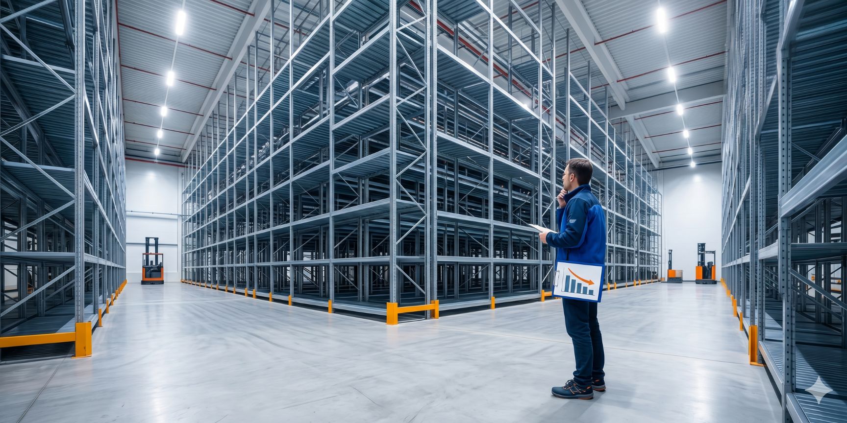 Blick in ein modernes Hochregallager mit vielen leeren Stellplätzen. Ein Logistikplaner blickt nachdenklich auf die ungenutzte Fläche, symbolisiert durch leere Regalreihen.